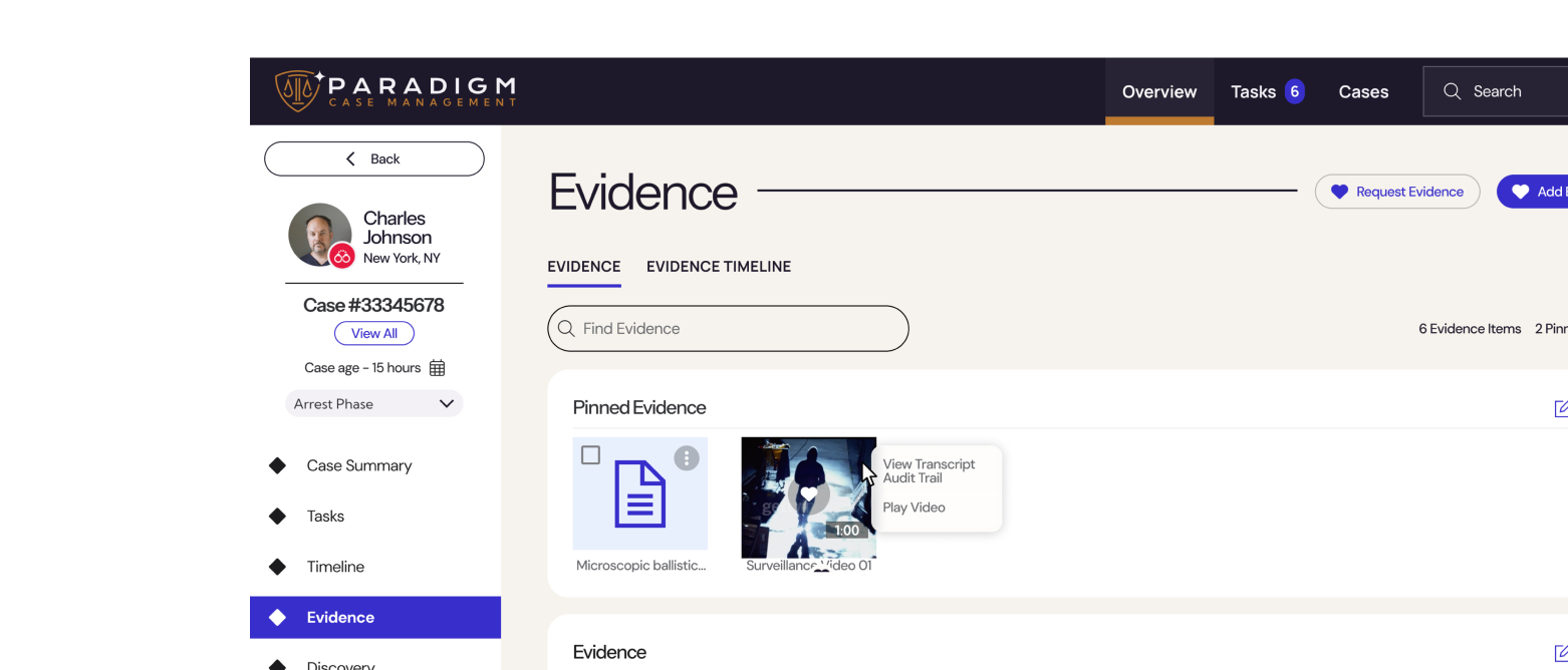 View of Evidence screen of Paradigm product, with two tabs, Evidence and Evidence timeline. There is a section for pinned evidence and a section with a list of evidence that has ID, Type, Description, when last viewed and when it was added to case