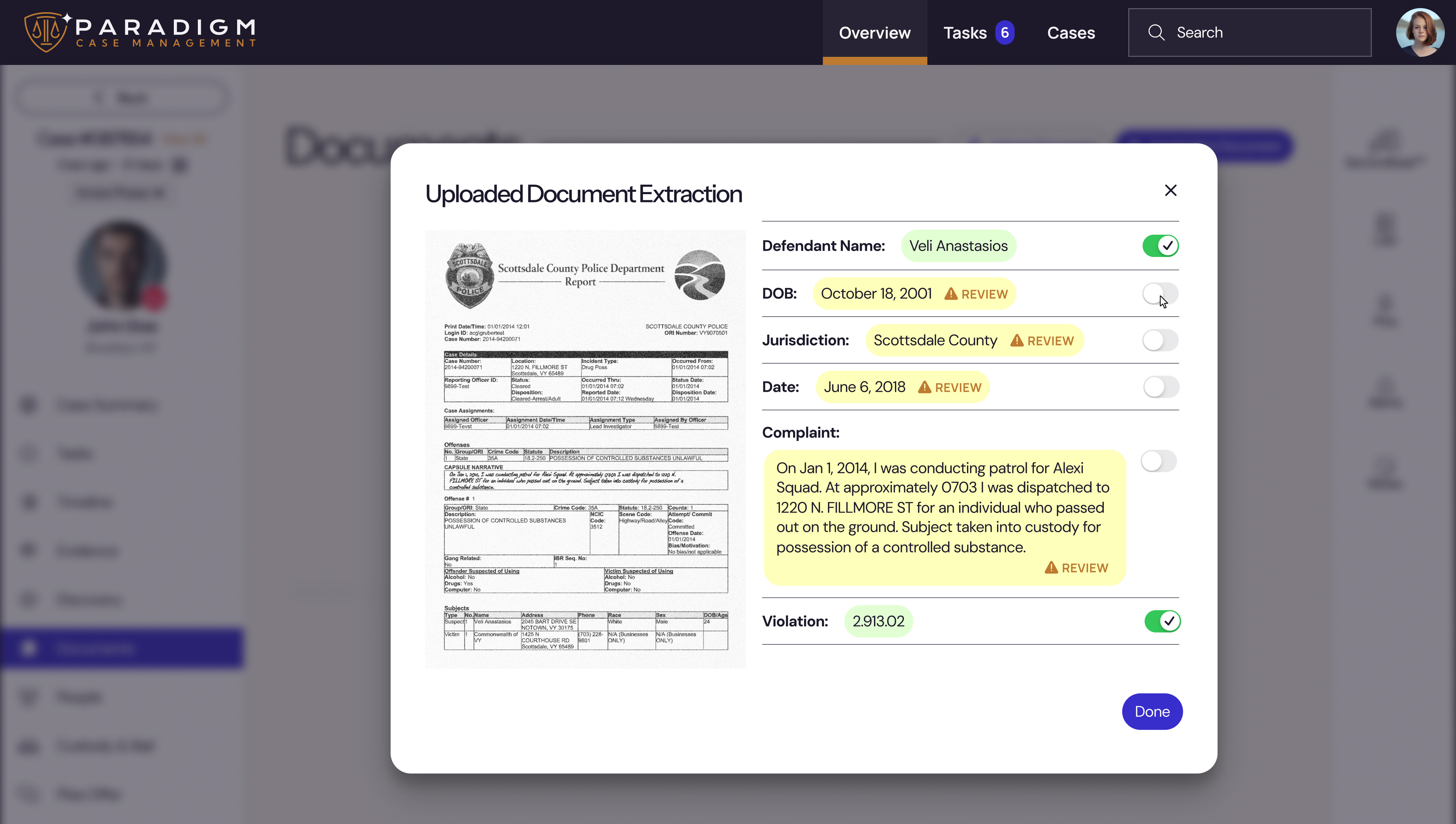 screen shows AI-Assisted Document extraction based on a printed police report, showing that the system can input Defendant Name, DOV, Jurisdiction, Date from the document, Complaint, and Violation. This screen shows that the AI tool has pulled the information from the paper document and that the attorney should review for accuracy.