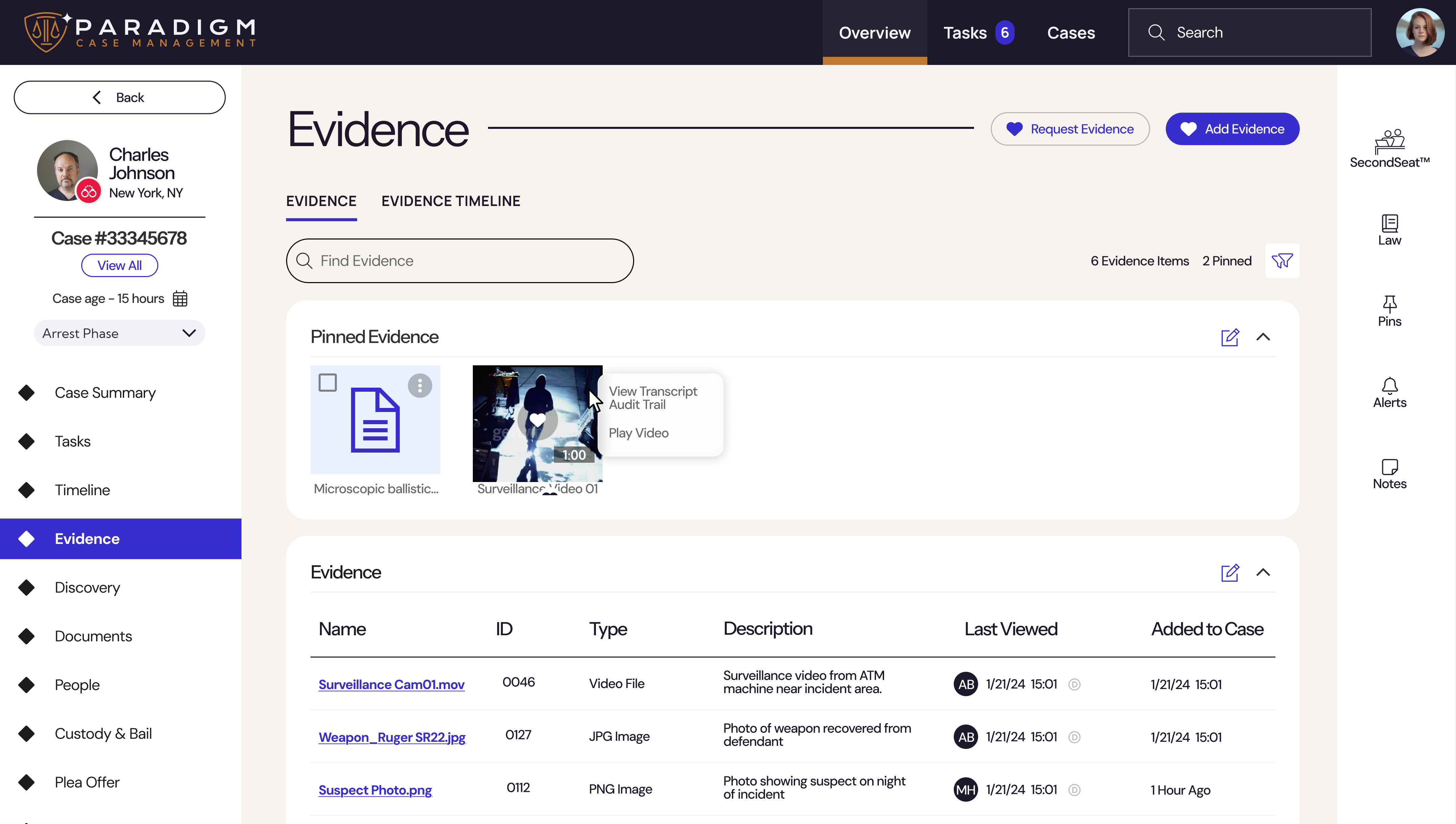 View of Evidence screen of Paradigm product, with two tabs, Evidence and Evidence timeline. There is a section for pinned evidence and a section with a list of evidence that has ID, Type, Description, when last viewed and when it was added to case