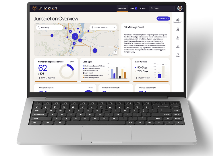 View of Opening Screen of Paradigm, showing a map with various pinpoints on it, a Message Board, and various statistics such as open cases, total incarcerations this year, pending dispositions, and annual diversions. Also includes Average case length, and dismissals this year.
